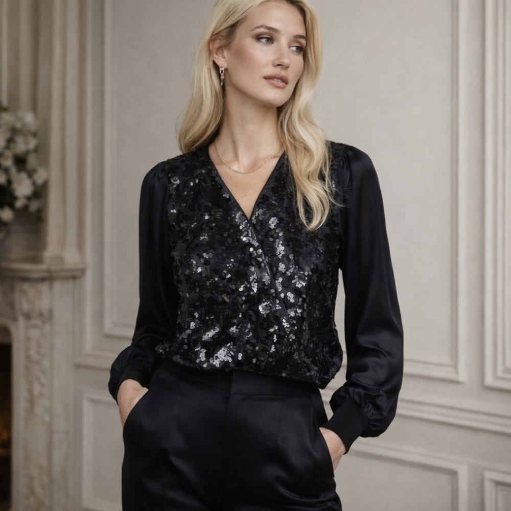 New Current Air black v neck long sleeve embellished sequin Glam Luxe top NWT